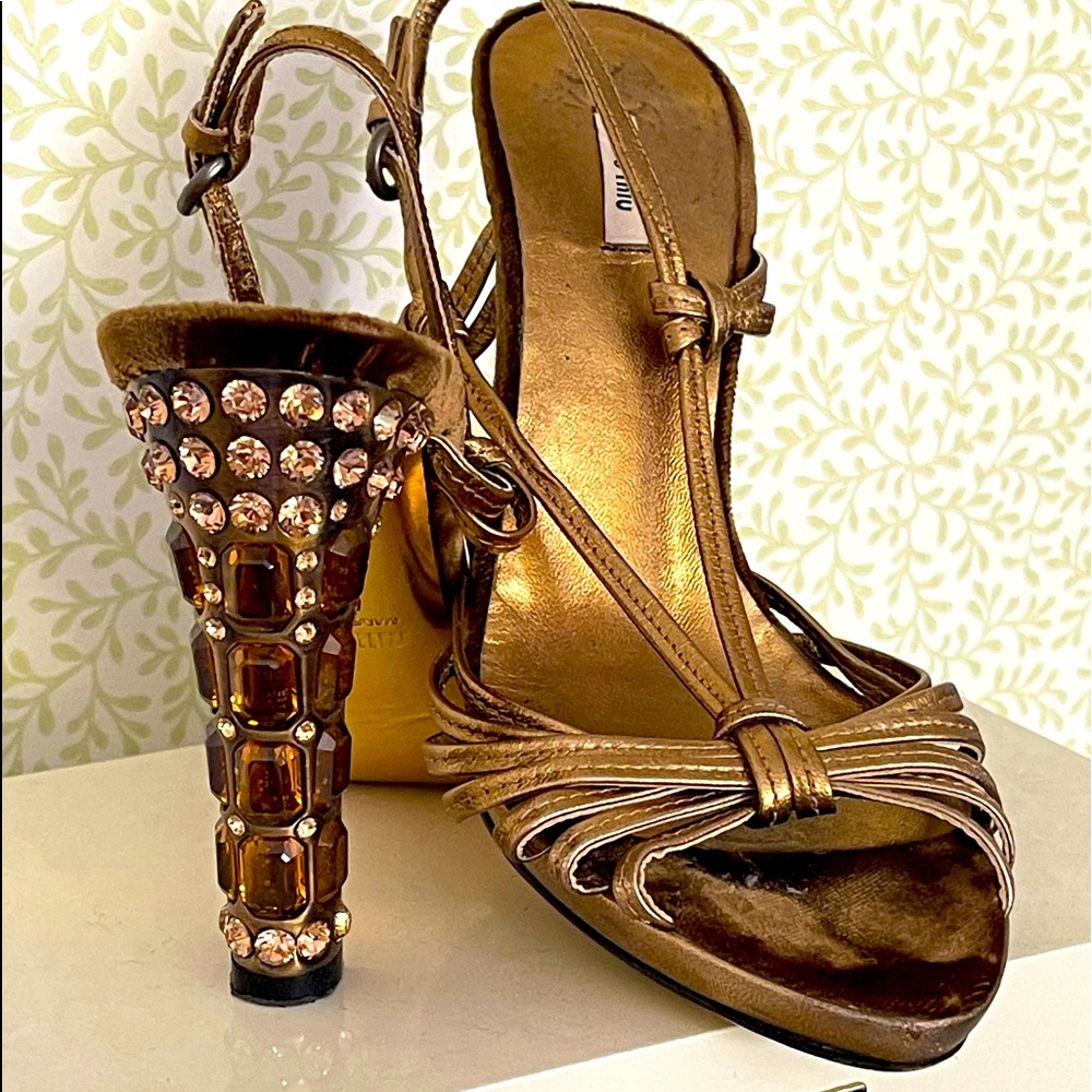 MIU MIU gold/bronze high heel evening sandals -Crystal encrusted heels -size 36